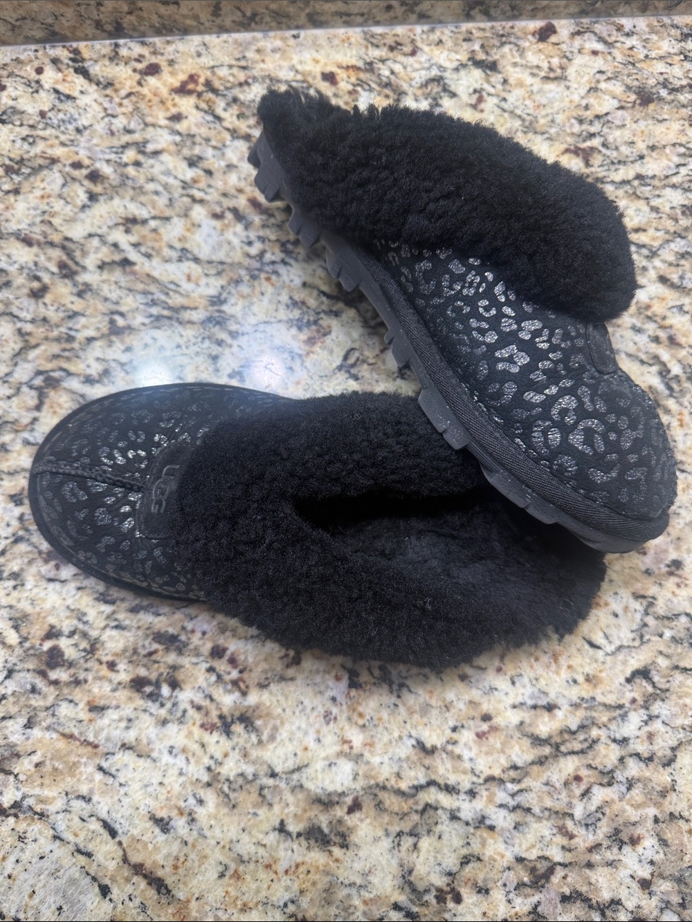 UGG Black Metallic Leopard Print Shearling Slippers